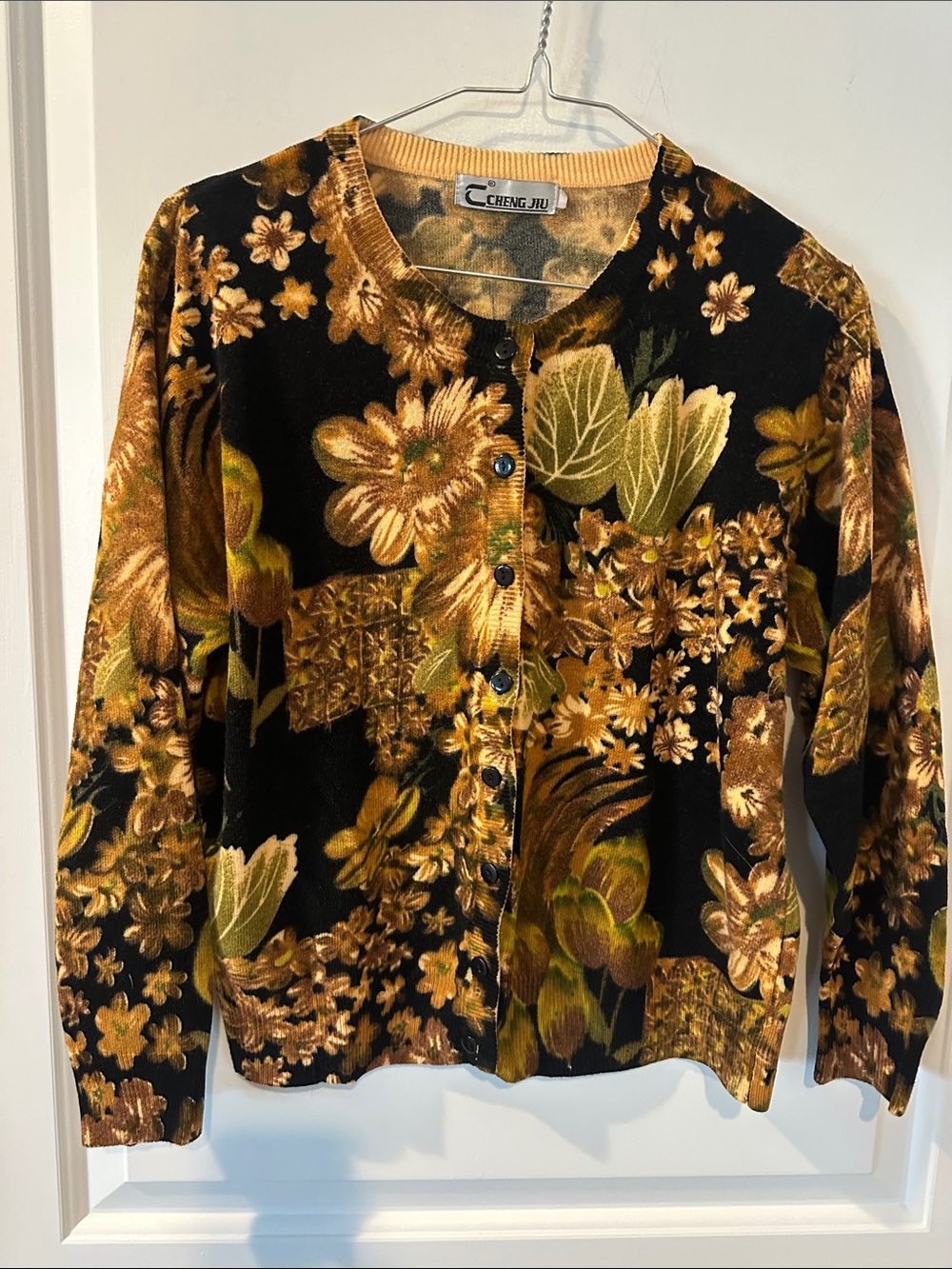 Black Fall Floral Button-Front Cardigan with Gold Accents